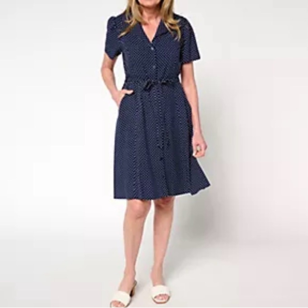 New QVC Me by Jennie Garth Navy Blue Dottie Printed Dress / Medium Petite